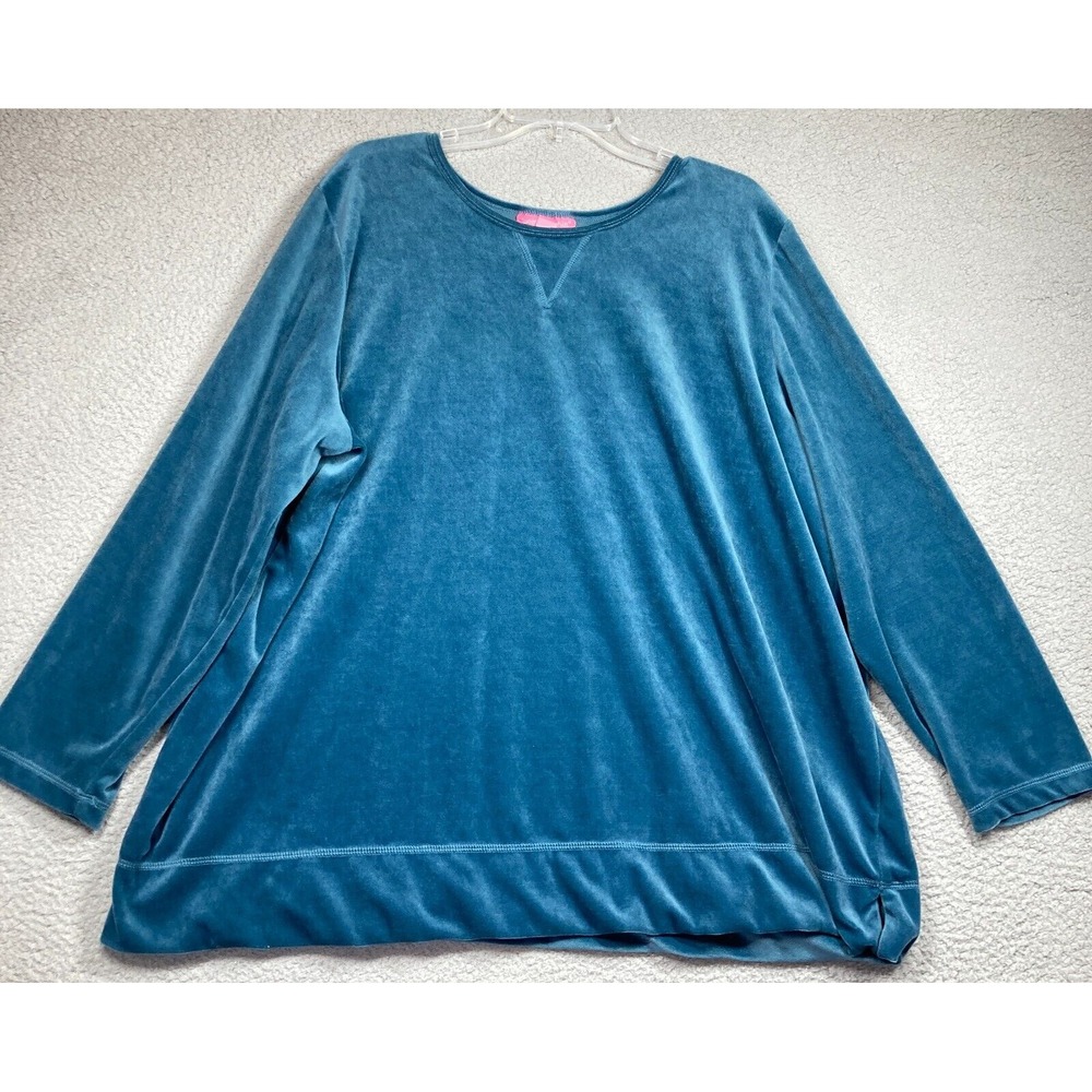 Woman Within Sweater  Women's 2X Blue Green Velvet Velour Pullover‎ Top Casual